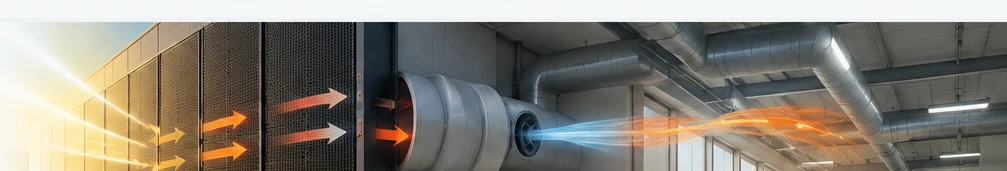 SolarWall collector warms outdoor air with sunlight before mechanical ventilation delivers the preheated air into the facility